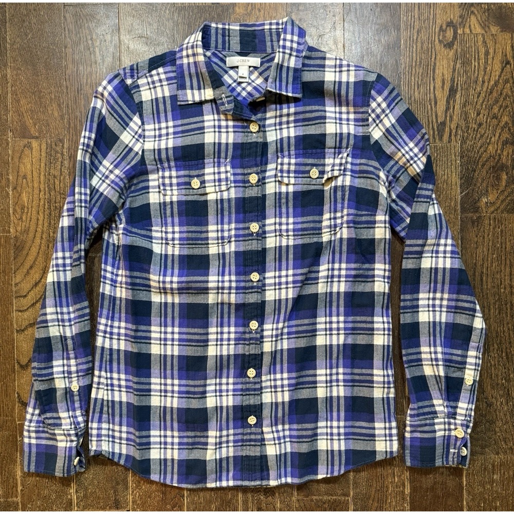J. Crew Flannel Shirt Women's Size 2 Long Sleeve Button Up Purple Plaid Pockets